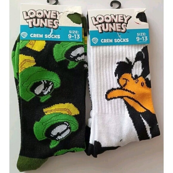 Lot of 2 NEW Pair Looney Tunes Daffy Duck Marvin Martian Socks Adult Size 9-13 - Picture 1 of 4